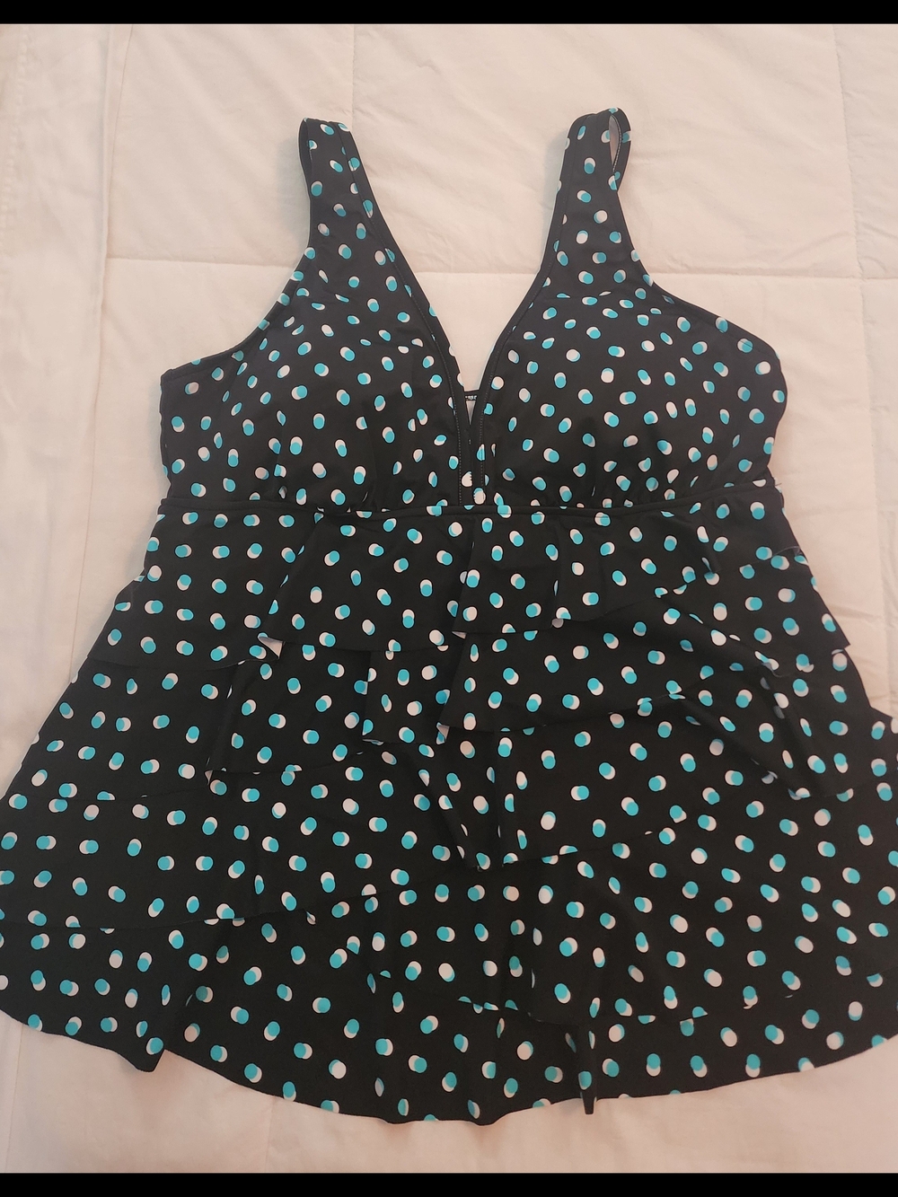 croft & barrow Black Tankini Top with Aqua and White Polka Dots